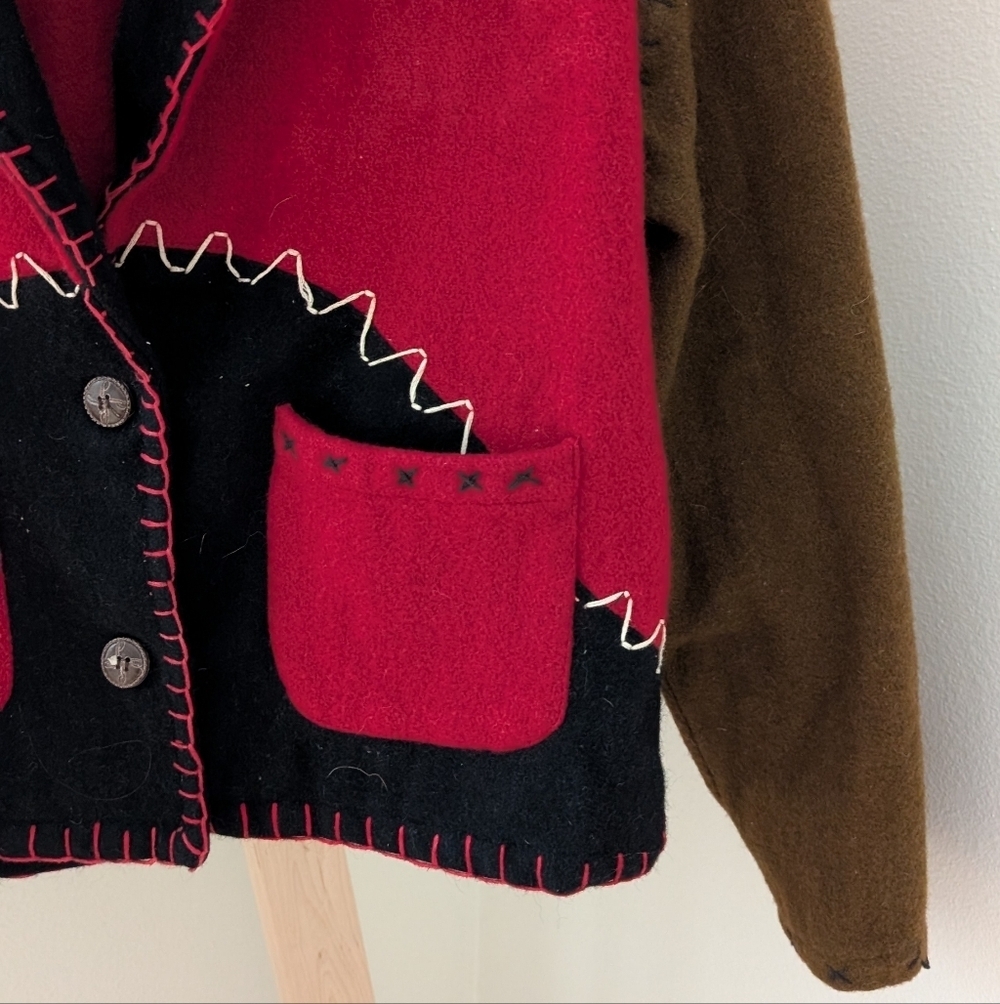 Vintage Western Style Embroidered Cropped Wool Jacket In Red/Brown/Black - Picture 5 of 8